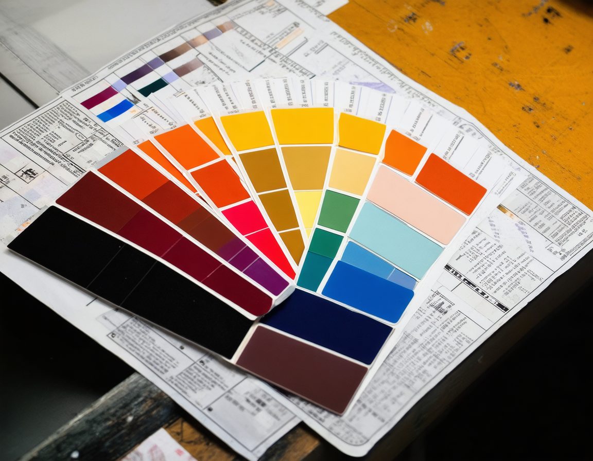 A printer's colour swatch fan deck opened across a printed colour calibration strip