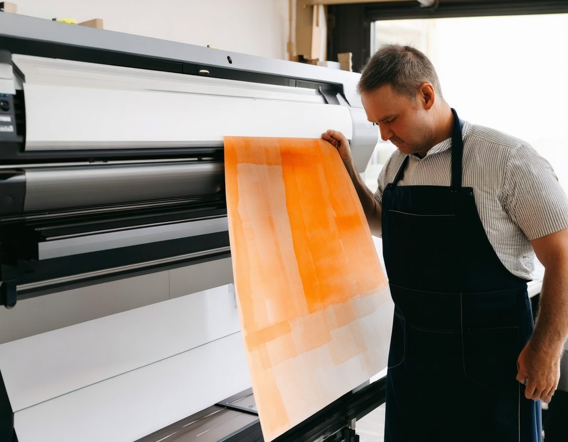 A print technician inspecting a proof sheet beside a wide format printer