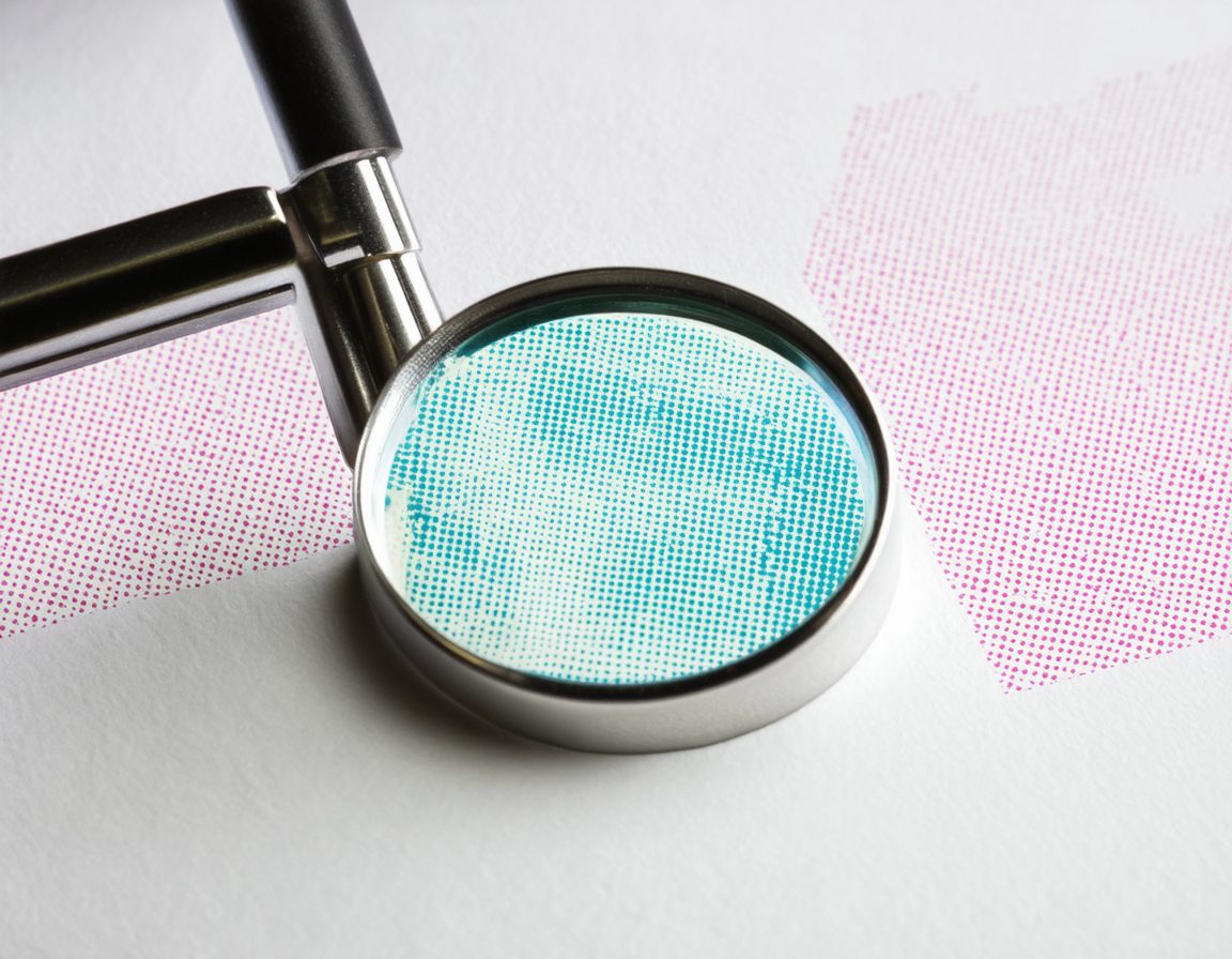 A printer's loupe magnifying crisp halftone dots on a freshly printed sheet