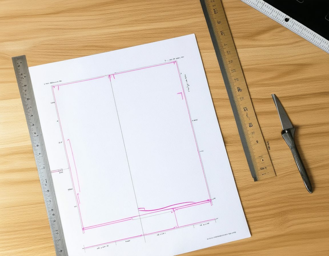 A printed layout sheet marked with guide lines and crop corners on a designer's desk