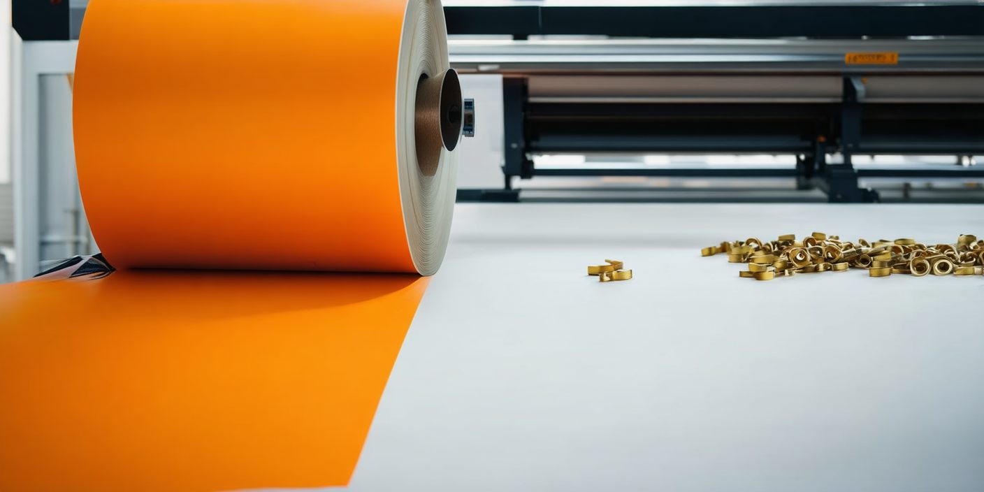 A roll of printed vinyl banner material unspooling from a wide format printer