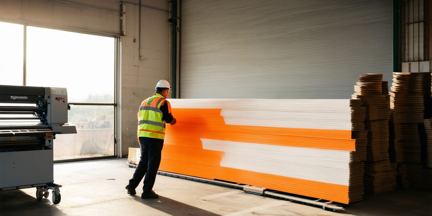 A worker lifting a freshly printed corflute panel off a flatbed UV printer