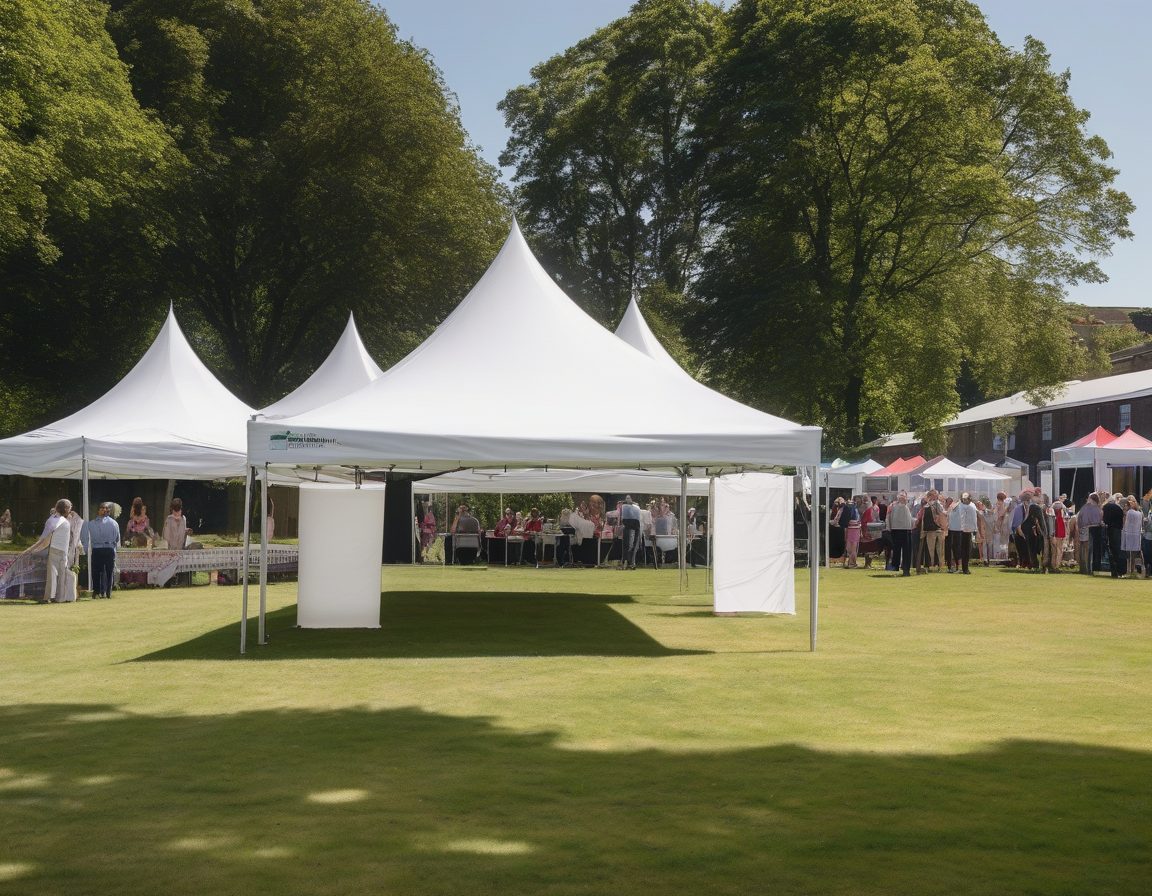 Pop-up marquee and blank teardrop flags at an outdoor community event