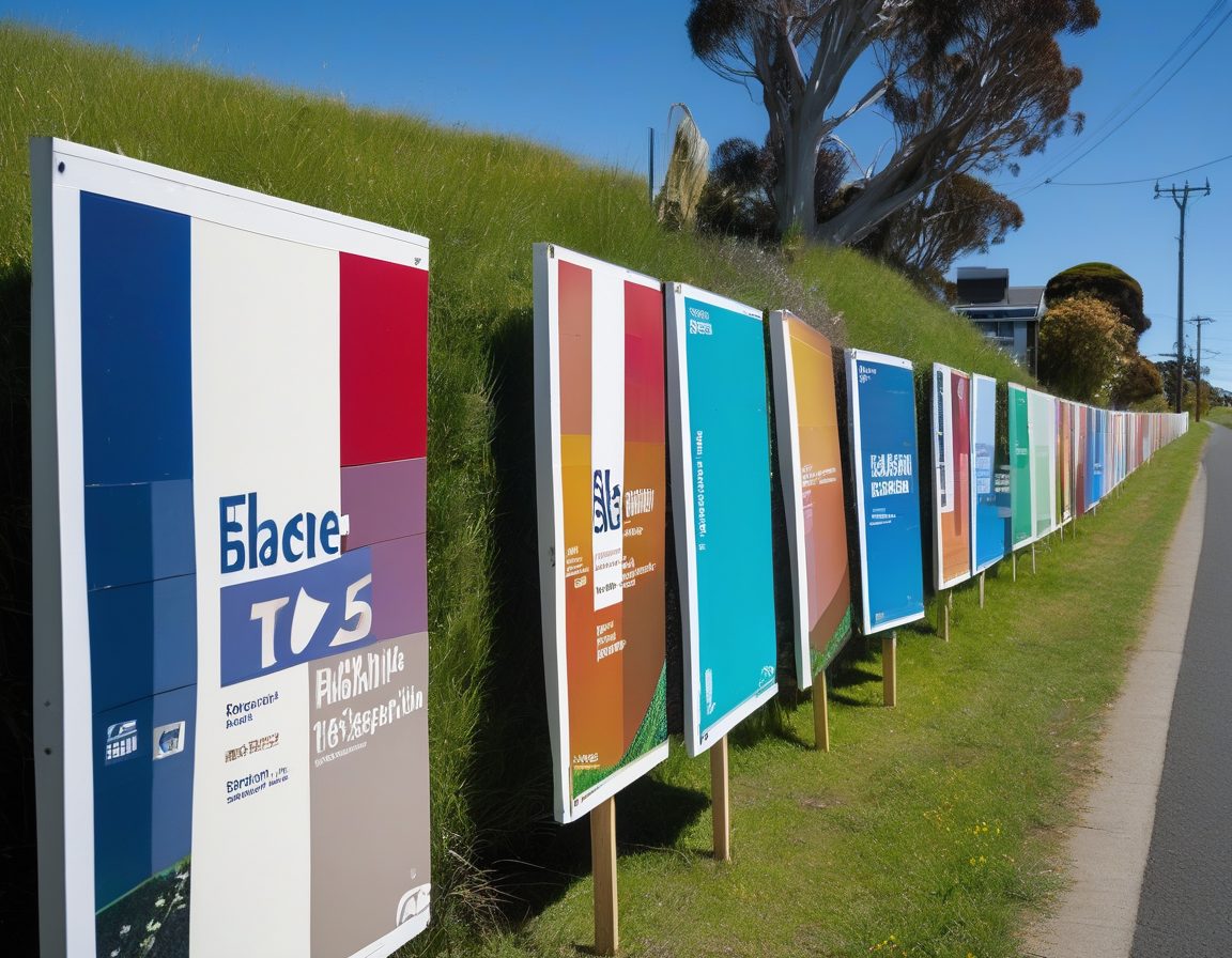 A row of campaign hoarding boards on stakes along a roadside verge