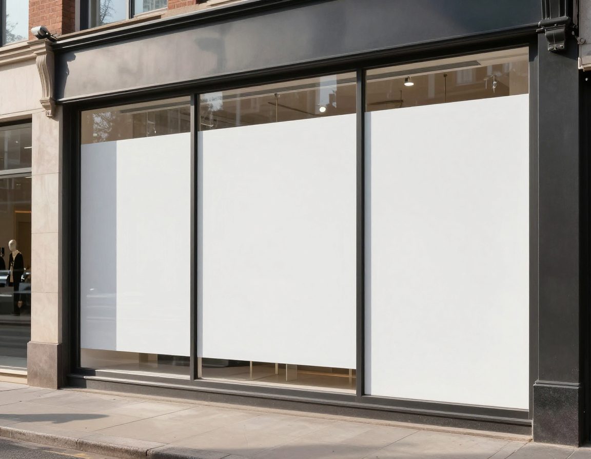 Retail shop front with large vinyl graphic panels on the glass